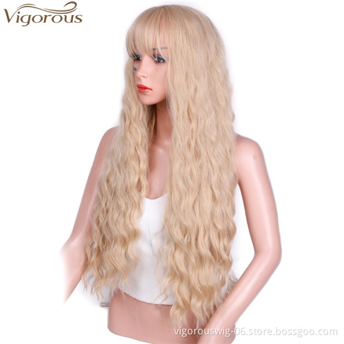 Vigorous 26 Inch Blonde 30-613 Color Long Wavy Wig with Bangs Glueless Synthetic Party Halloween Wigs